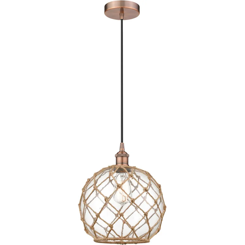 Edison Farmhouse Rope LED 10 inch Antique Copper Mini Pendant Ceiling Light in Clear Glass with Brown Rope