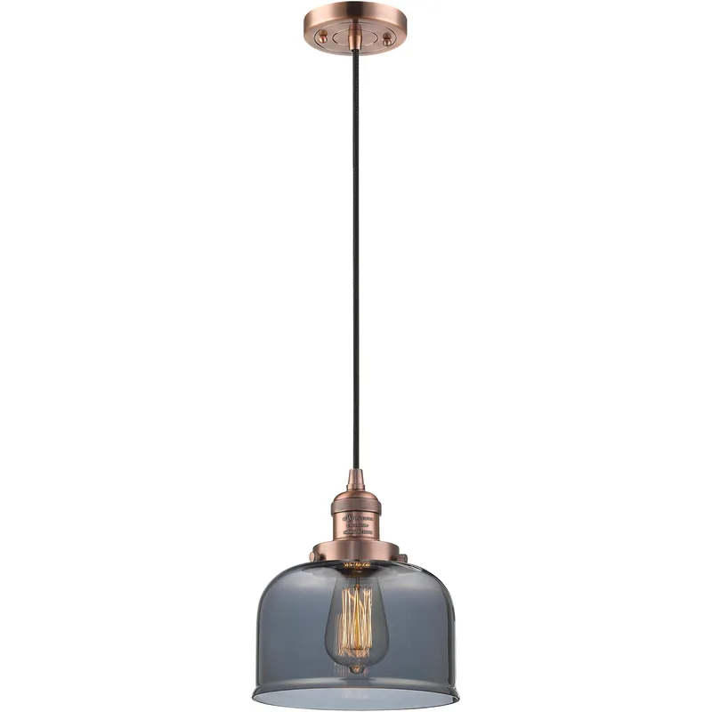 Franklin Restoration Bell LED 8 inch Antique Copper Mini Pendant Ceiling Light in Light Smoke Glass, Franklin Restoration