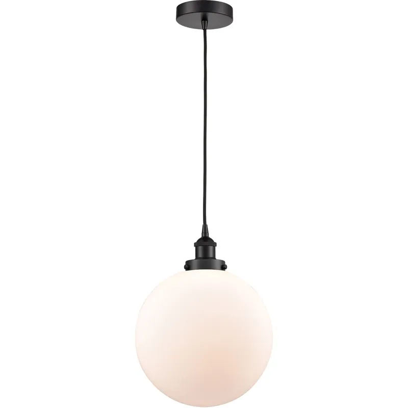 Edison Beacon LED 12 inch Matte Black Mini Pendant Ceiling Light in Matte White Glass