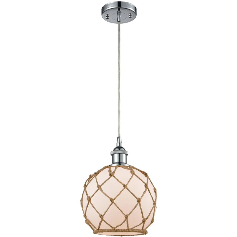 Ballston Farmhouse Rope LED 8 inch Polished Chrome Mini Pendant Ceiling Light in White Glass with Brown Rope, Ballston