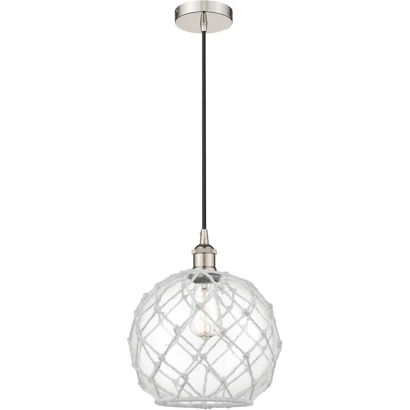 Edison Farmhouse Rope LED 10 inch Polished Nickel Mini Pendant Ceiling Light in Clear Glass with White Rope