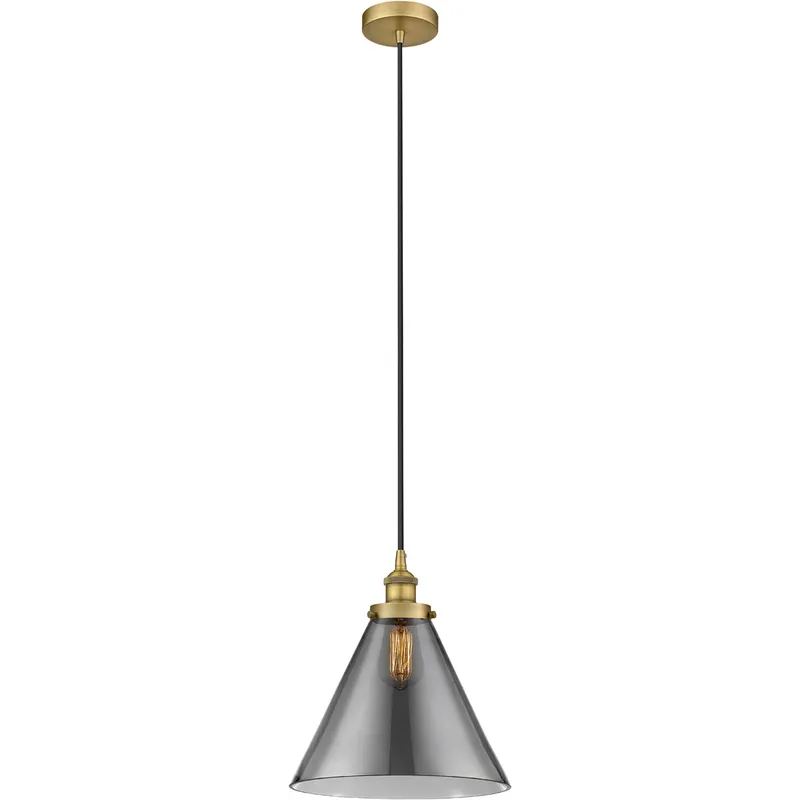 Edison Cone 1 Light 12 inch Brushed Brass Mini Pendant Ceiling Light in Light Smoke Glass