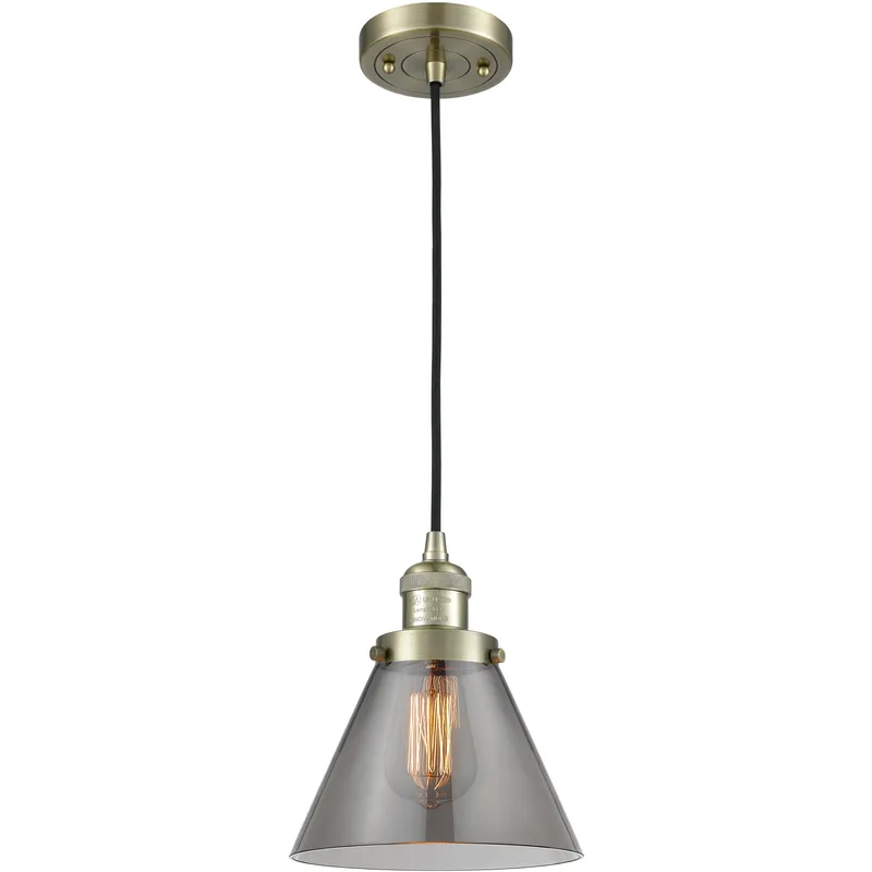 Franklin Restoration Cone LED 8 inch Antique Brass Mini Pendant Ceiling Light in Light Smoke Glass, Franklin Restoration