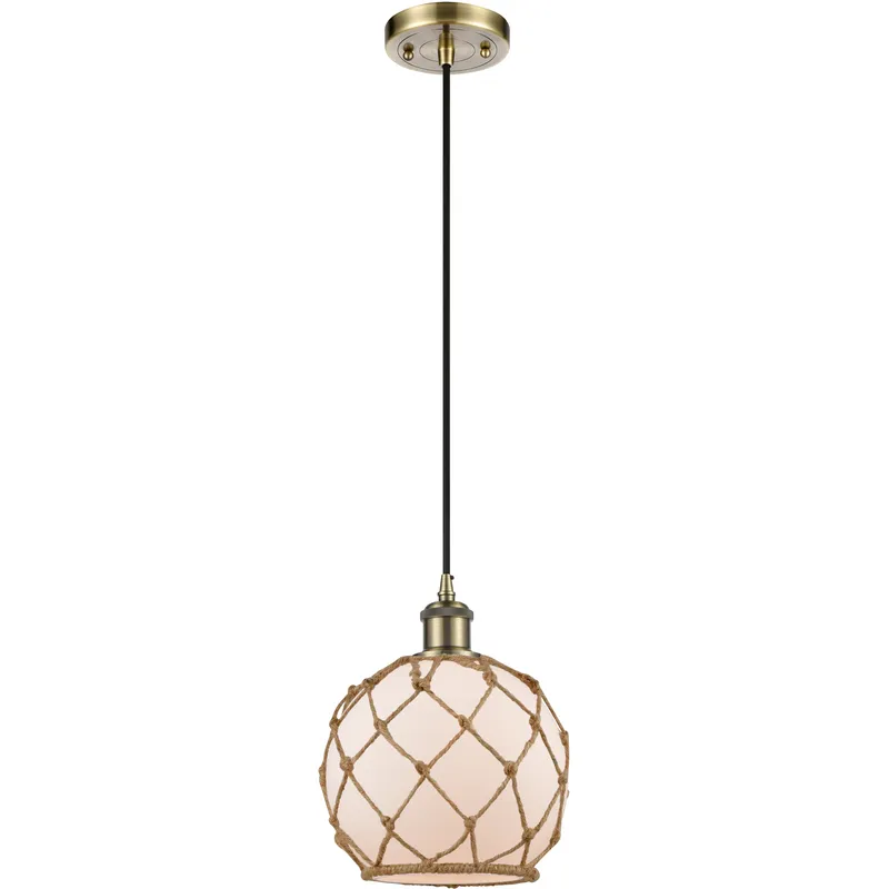 Ballston Farmhouse Rope LED 8 inch Antique Brass Mini Pendant Ceiling Light in White Glass with Brown Rope, Ballston