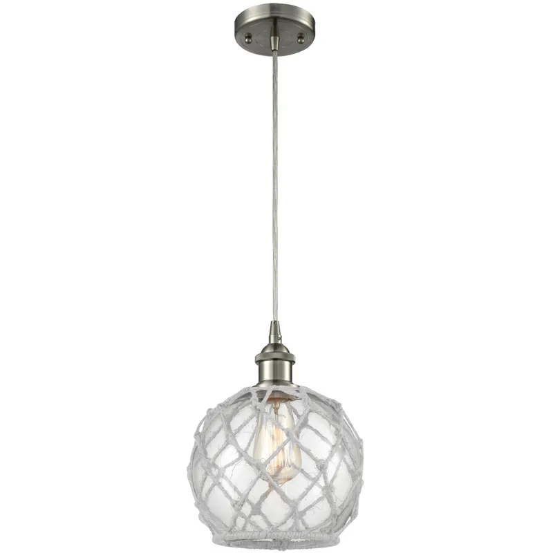 Ballston Farmhouse Rope LED 8 inch Brushed Satin Nickel Mini Pendant Ceiling Light in Clear Glass with White Rope, Ballston