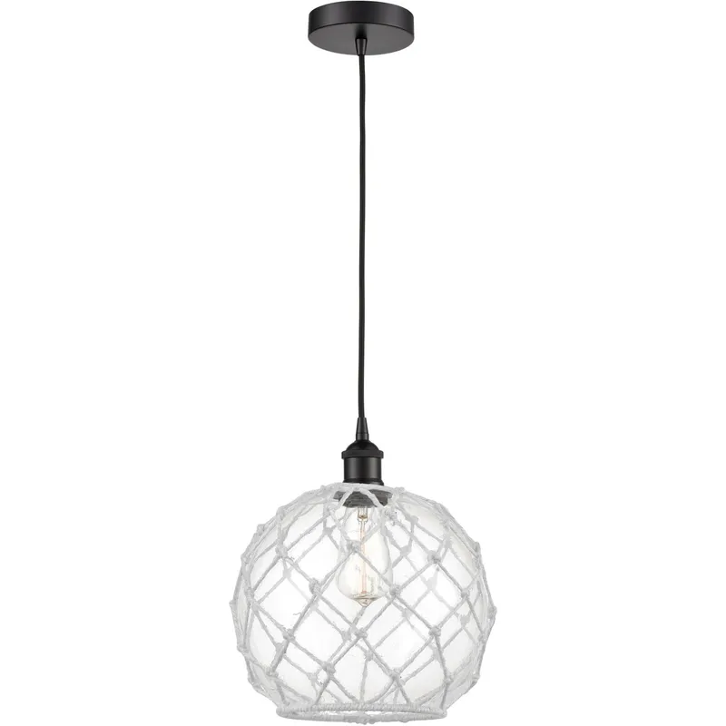 Edison Farmhouse Rope LED 10 inch Matte Black Mini Pendant Ceiling Light in Clear Glass with White Rope