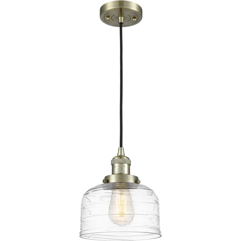 Franklin Restoration Bell LED 8 inch Antique Brass Mini Pendant Ceiling Light in Clear Deco Swirl