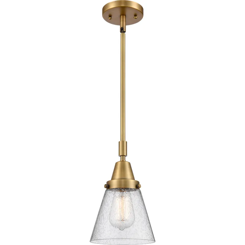 Franklin Restoration Small Cone LED 6 inch Brushed Brass Mini Pendant Ceiling Light in Seedy Glass