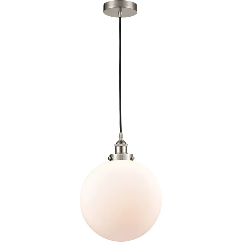 Edison Beacon LED 12 inch Brushed Satin Nickel Mini Pendant Ceiling Light in Matte White Glass