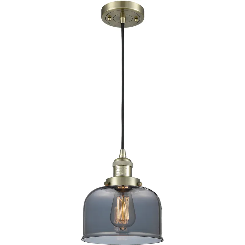 Franklin Restoration Bell LED 8 inch Antique Brass Mini Pendant Ceiling Light in Light Smoke Glass, Franklin Restoration