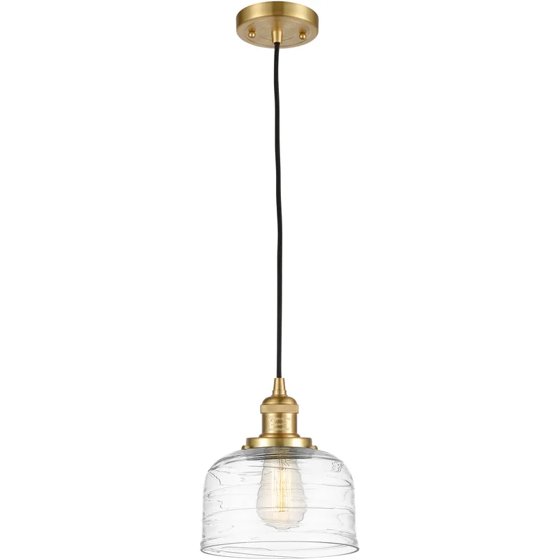 Franklin Restoration Bell LED 8 inch Satin Gold Mini Pendant Ceiling Light in Clear Deco Swirl