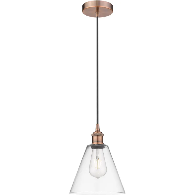 Edison Cone LED 8 inch Antique Copper Mini Pendant Ceiling Light in Clear Glass
