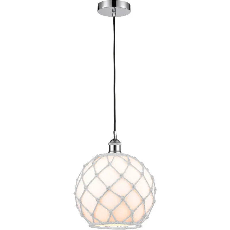 Edison Farmhouse Rope LED 10 inch Polished Chrome Mini Pendant Ceiling Light in White Glass with White Rope