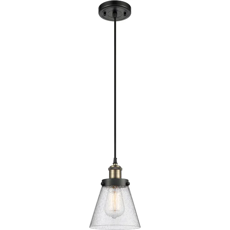 Ballston Small Cone LED 6 inch Black Antique Brass Mini Pendant Ceiling Light in Seedy Glass, Black Textured