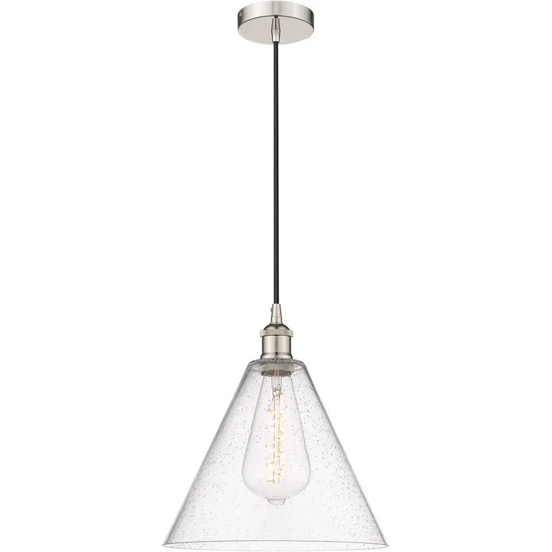 Edison Cone LED 12 inch Polished Nickel Mini Pendant Ceiling Light in Seedy Glass