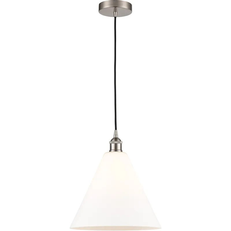 Edison Cone LED 12 inch Brushed Satin Nickel Mini Pendant Ceiling Light in Matte White Glass