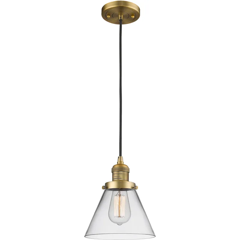 Franklin Restoration Cone 1 Light 8 inch Brushed Brass Mini Pendant Ceiling Light in Incandescent, Clear, Franklin Restoration