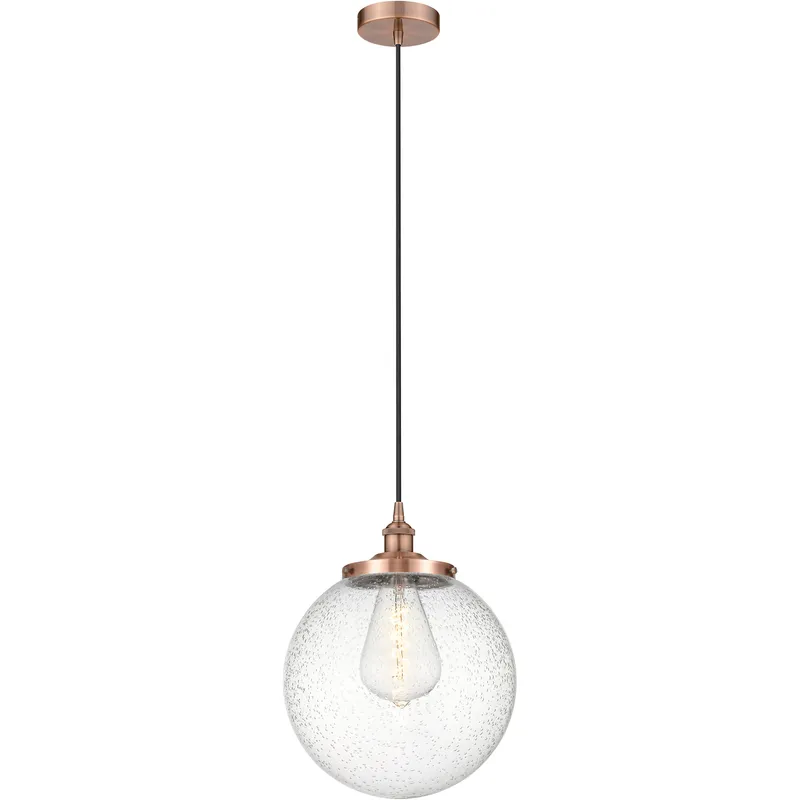 Beacon 1 Light 13.75 inch Antique Copper Mini Pendant Ceiling Light in Seedy Glass
