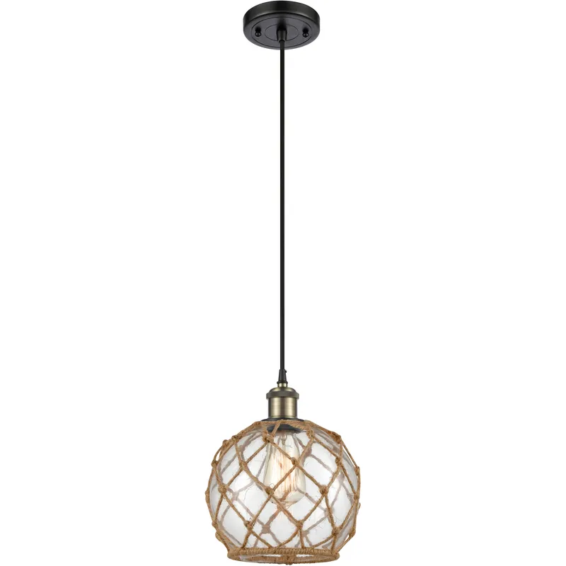 Ballston Farmhouse Rope LED 8 inch Black Antique Brass Mini Pendant Ceiling Light in Clear Glass with Brown Rope, Ballston