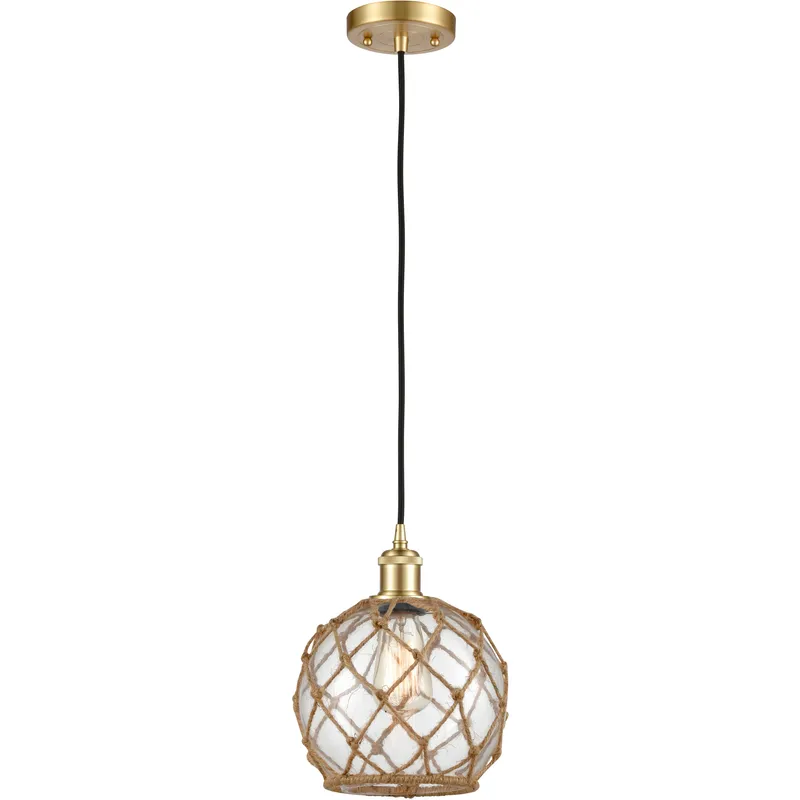 Ballston Farmhouse Rope LED 8 inch Satin Gold Mini Pendant Ceiling Light in Clear Glass with Brown Rope, Ballston