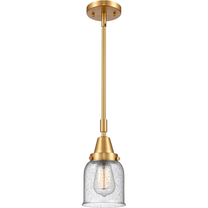Franklin Restoration Small Bell LED 5 inch Satin Gold Mini Pendant Ceiling Light in Seedy Glass