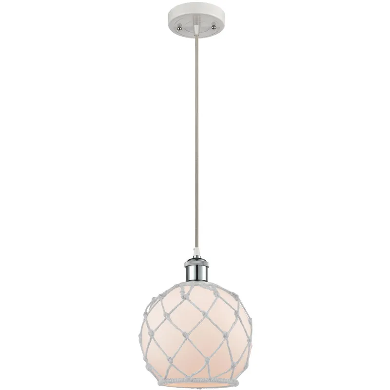 Ballston Farmhouse Rope LED 8 inch White and Polished Chrome Mini Pendant Ceiling Light in White Glass with White Rope, Ballston