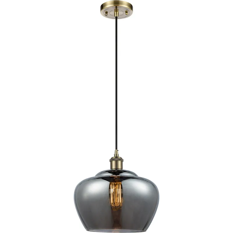 Ballston Large Fenton 1 Light 11 inch Antique Brass Mini Pendant Ceiling Light in Black Textured, Light Smoke Glass, Ballston