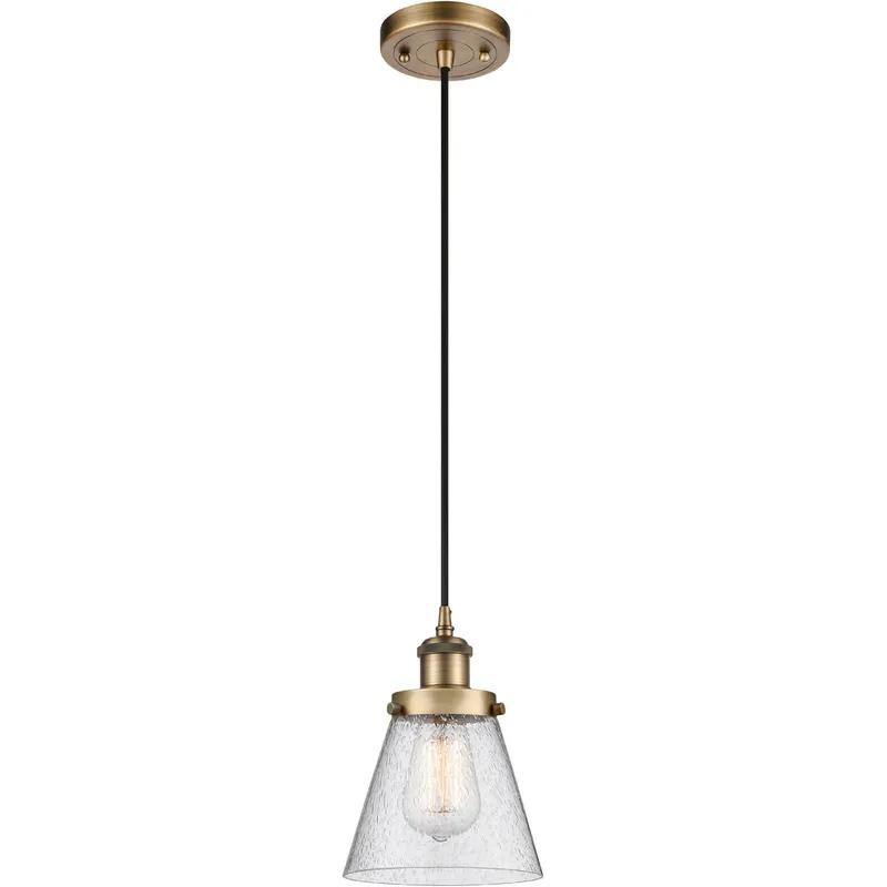 Ballston Small Cone LED 6 inch Brushed Brass Mini Pendant Ceiling Light in Seedy Glass, Black Textured