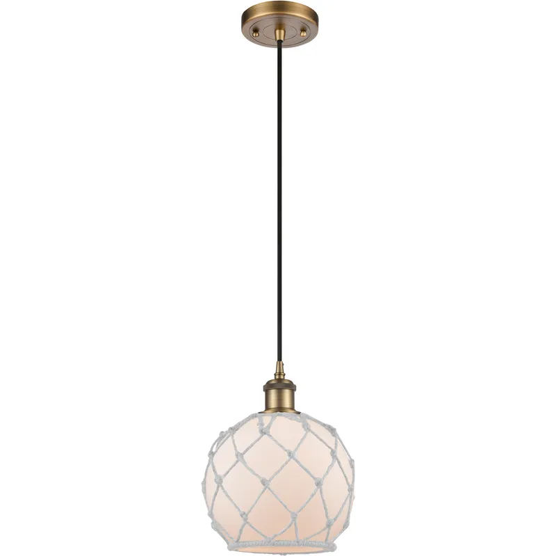 Ballston Farmhouse Rope LED 8 inch Brushed Brass Mini Pendant Ceiling Light in White Glass with White Rope, Ballston