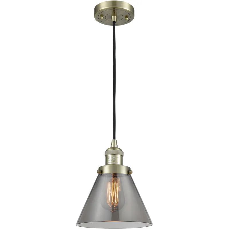 Franklin Restoration Cone 1 Light 8 inch Antique Brass Mini Pendant Ceiling Light in Bulb Not Included, Light Smoke Glass, Franklin Restoration