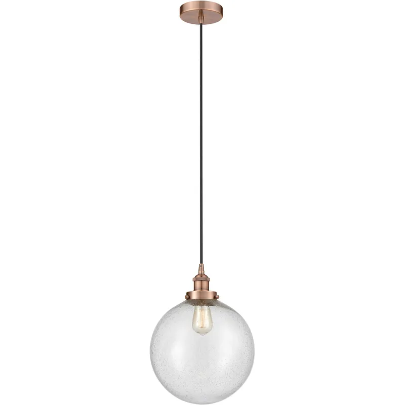 Edison Beacon LED 12 inch Antique Copper Mini Pendant Ceiling Light in Seedy Glass