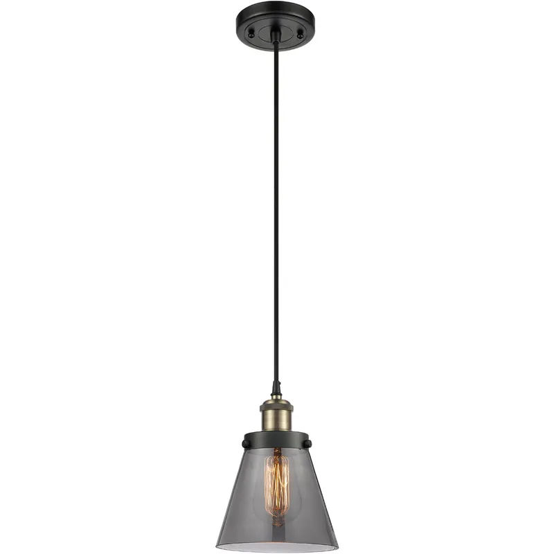 Ballston Small Cone LED 6 inch Black Antique Brass Mini Pendant Ceiling Light in Black Textured, Light Smoke Glass