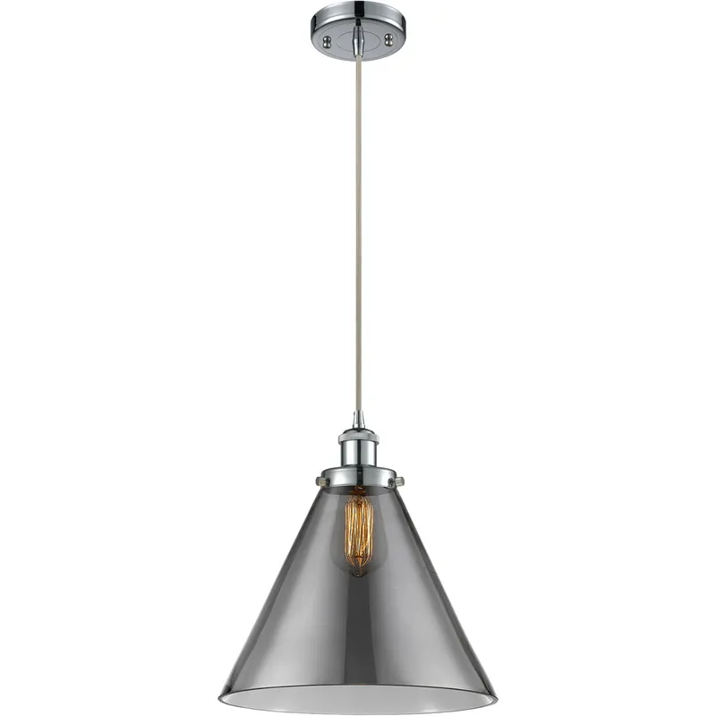 Ballston X-Large Cone LED 8 inch Polished Chrome Mini Pendant Ceiling Light in Plated Smoke Glass, Black Textured