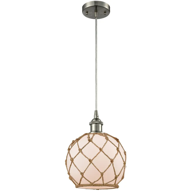 Ballston Farmhouse Rope LED 8 inch Brushed Satin Nickel Mini Pendant Ceiling Light in White Glass with Brown Rope, Ballston