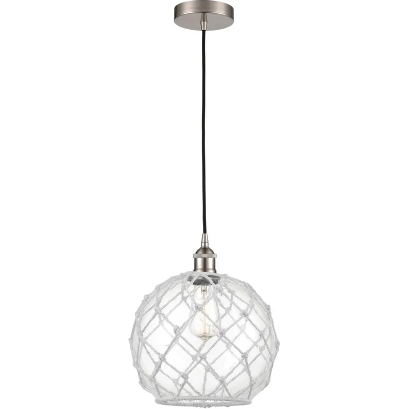 Edison Farmhouse Rope LED 10 inch Brushed Satin Nickel Mini Pendant Ceiling Light in Clear Glass with White Rope