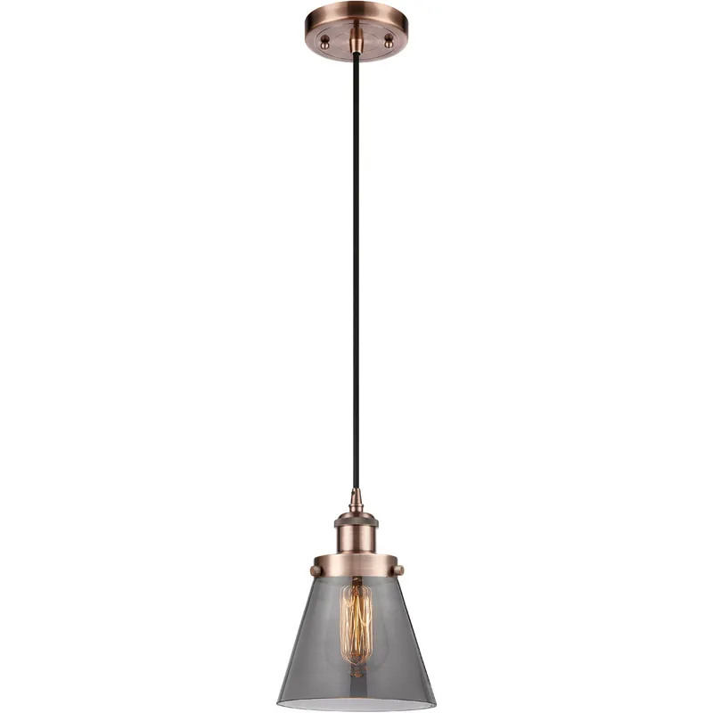 Ballston Small Cone LED 6 inch Antique Copper Mini Pendant Ceiling Light in Black Textured, Light Smoke Glass