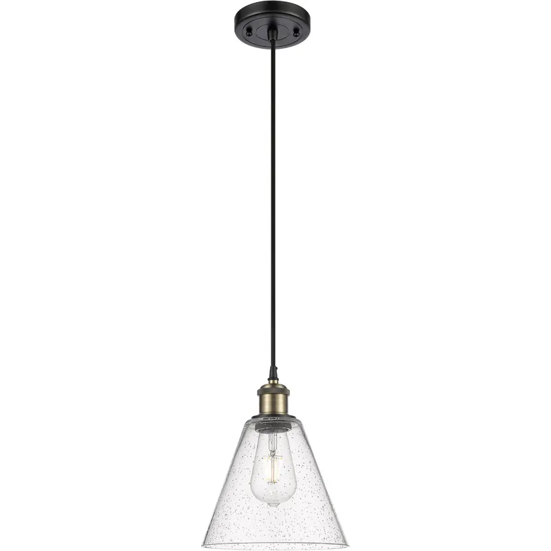 Ballston Cone 1 Light 8 inch Black Antique Brass Mini Pendant Ceiling Light in Seedy Glass, Black Textured