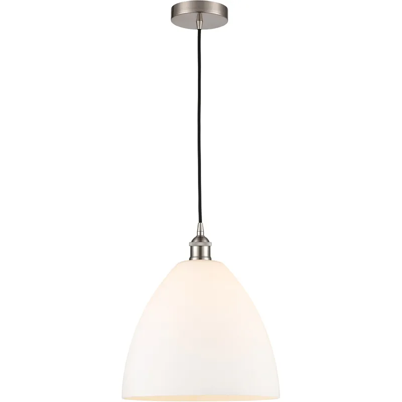 Edison Dome LED 12 inch Brushed Satin Nickel Mini Pendant Ceiling Light in Matte White Glass