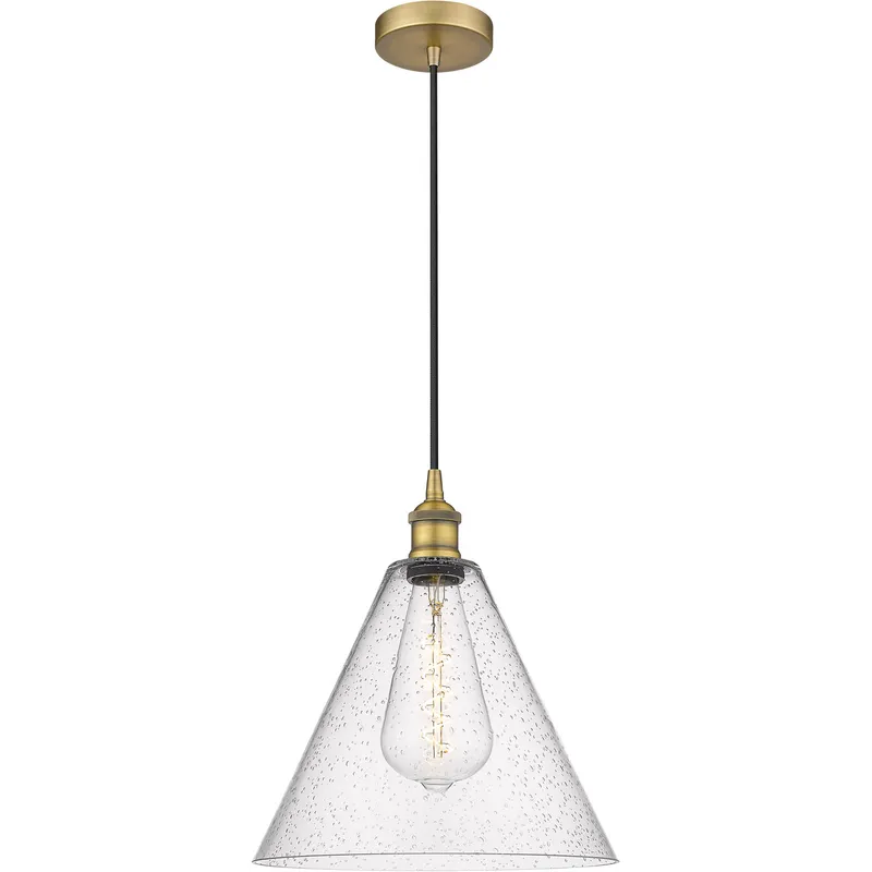 Edison Cone LED 12 inch Brushed Brass Mini Pendant Ceiling Light in Seedy Glass