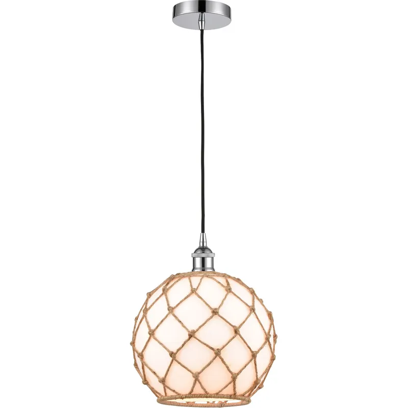 Edison Farmhouse Rope LED 10 inch Polished Chrome Mini Pendant Ceiling Light in White Glass with Brown Rope