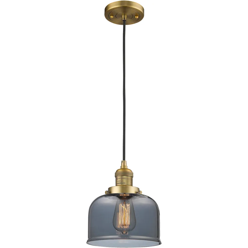 Franklin Restoration Bell LED 8 inch Brushed Brass Mini Pendant Ceiling Light in Light Smoke Glass, Franklin Restoration