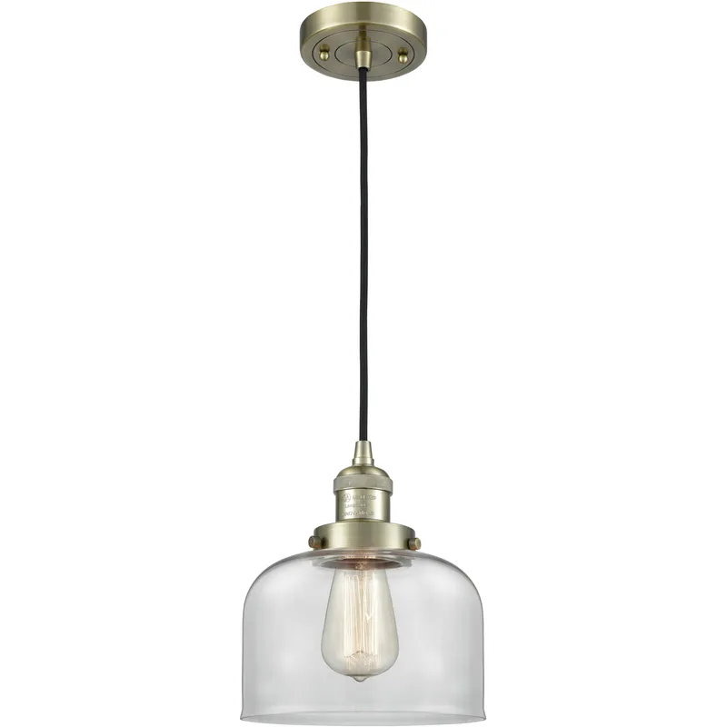 Franklin Restoration Bell LED 8 inch Antique Brass Mini Pendant Ceiling Light in Clear, Franklin Restoration