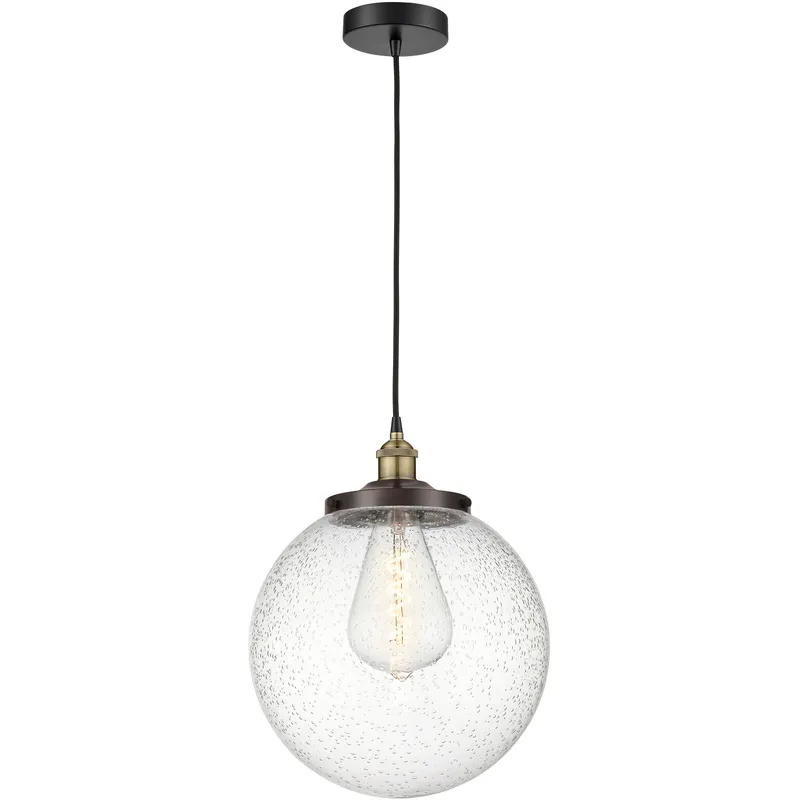 Beacon 1 Light 13.75 inch Black Antique Brass Mini Pendant Ceiling Light in Seedy Glass