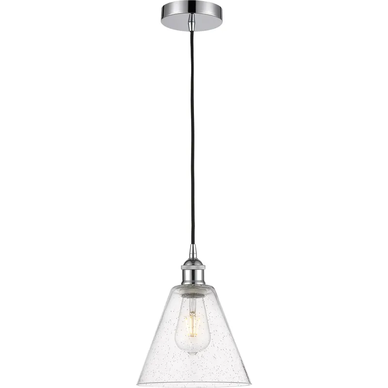 Edison Cone LED 8 inch Polished Chrome Mini Pendant Ceiling Light in Seedy Glass