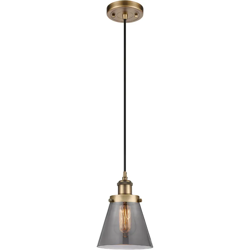 Ballston Small Cone LED 6 inch Brushed Brass Mini Pendant Ceiling Light in Plated Smoke Glass, Black Textured