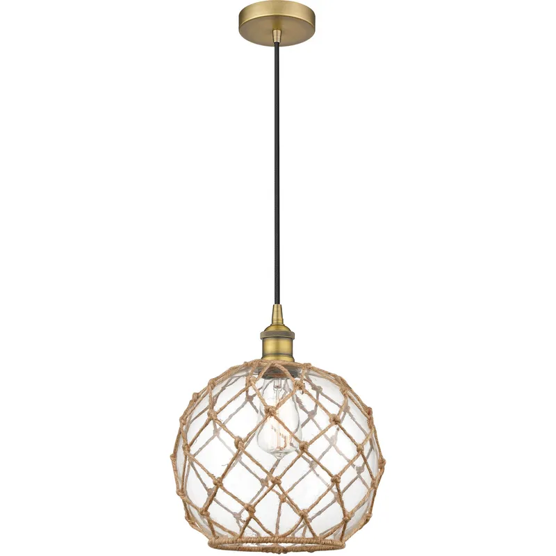 Edison Farmhouse Rope LED 10 inch Brushed Brass Mini Pendant Ceiling Light in Clear Glass with Brown Rope