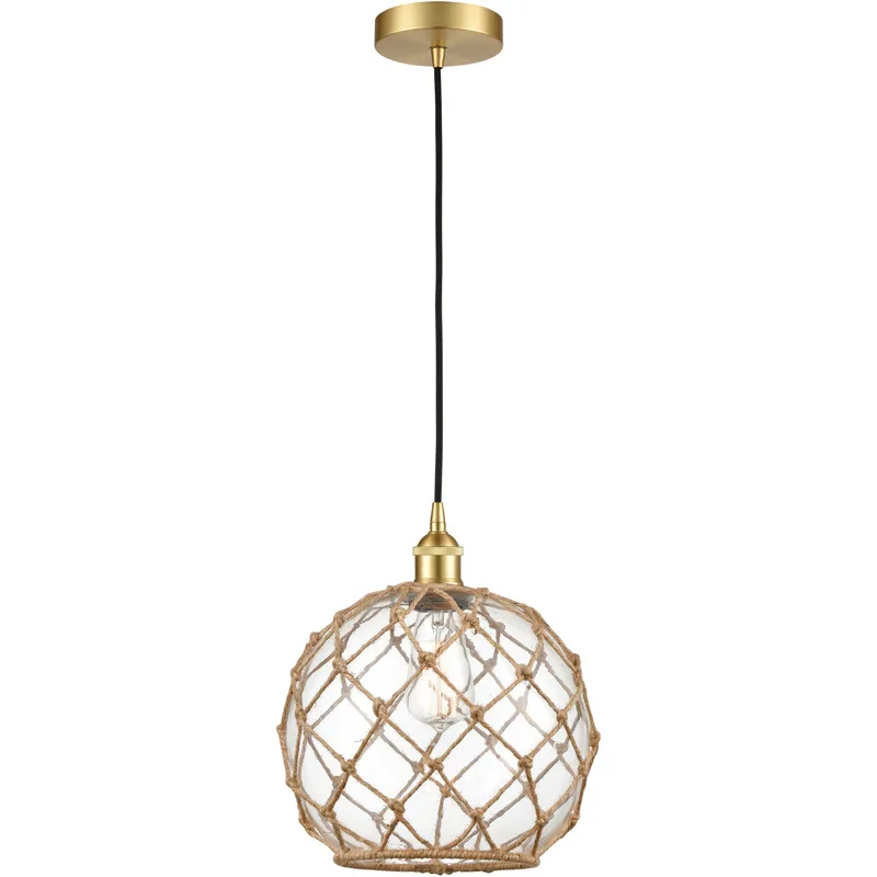 Edison Farmhouse Rope LED 10 inch Satin Gold Mini Pendant Ceiling Light in Clear Glass with Brown Rope