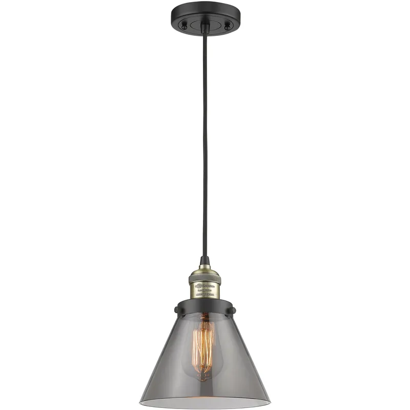 Franklin Restoration Cone LED 8 inch Black Antique Brass Mini Pendant Ceiling Light in Light Smoke Glass, Franklin Restoration