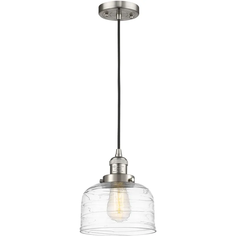 Franklin Restoration Bell LED 8 inch Brushed Satin Nickel Mini Pendant Ceiling Light in Clear Deco Swirl
