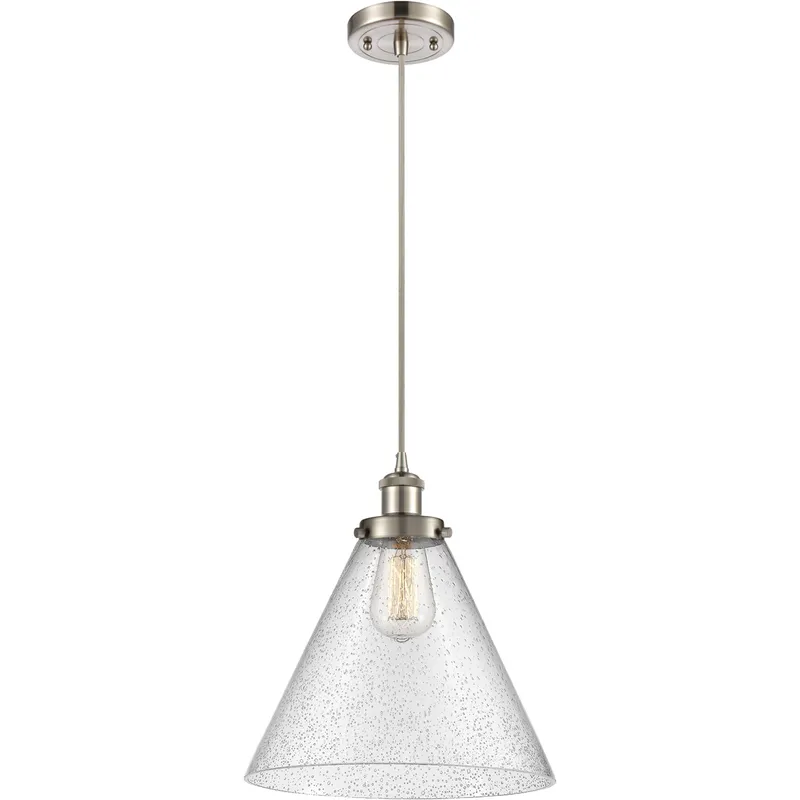 Ballston X-Large Cone LED 8 inch Brushed Satin Nickel Mini Pendant Ceiling Light in Seedy Glass, Black Textured